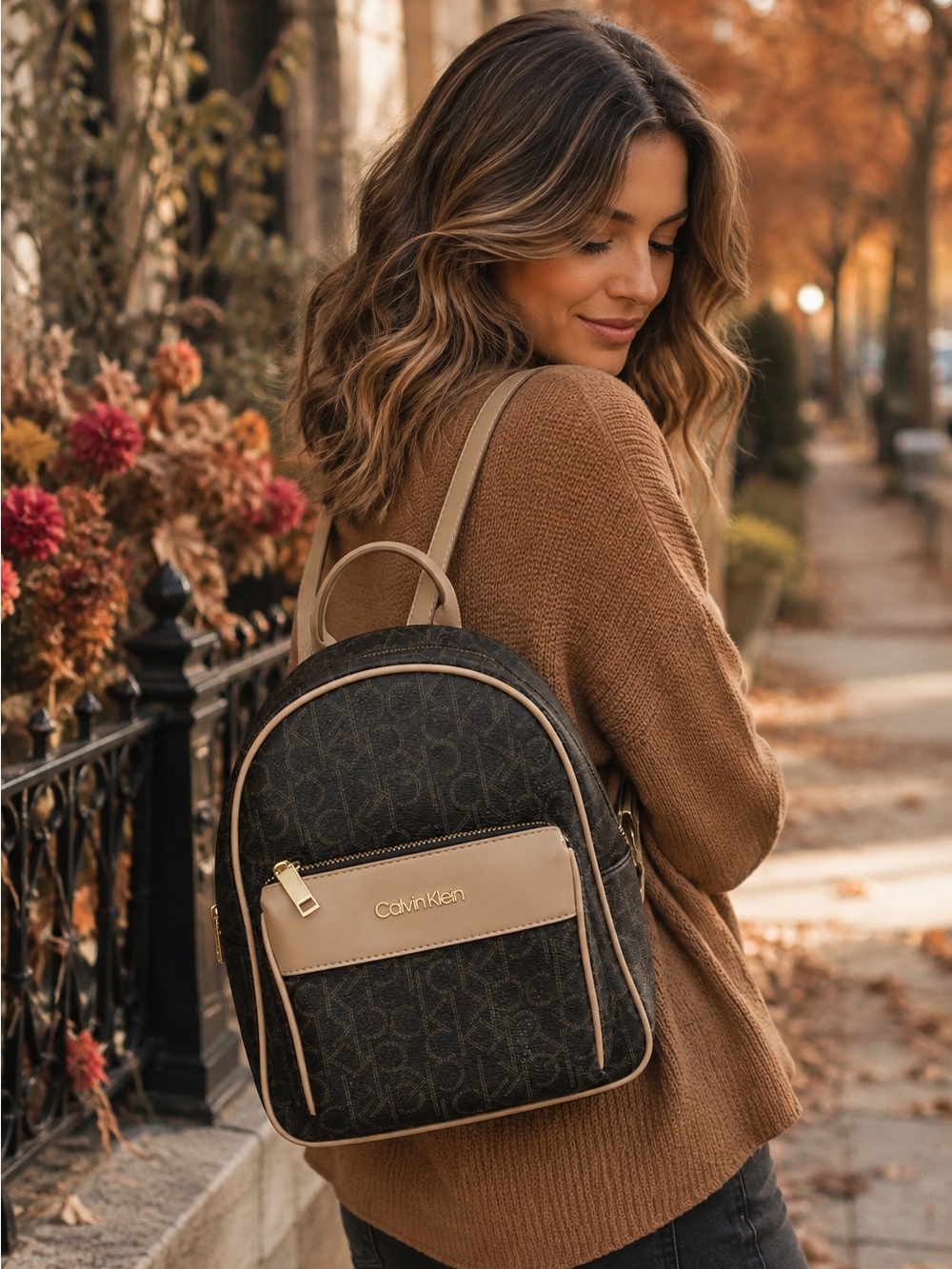 Calvin Klein CK Monogram Mini Backpack  Beige Trim